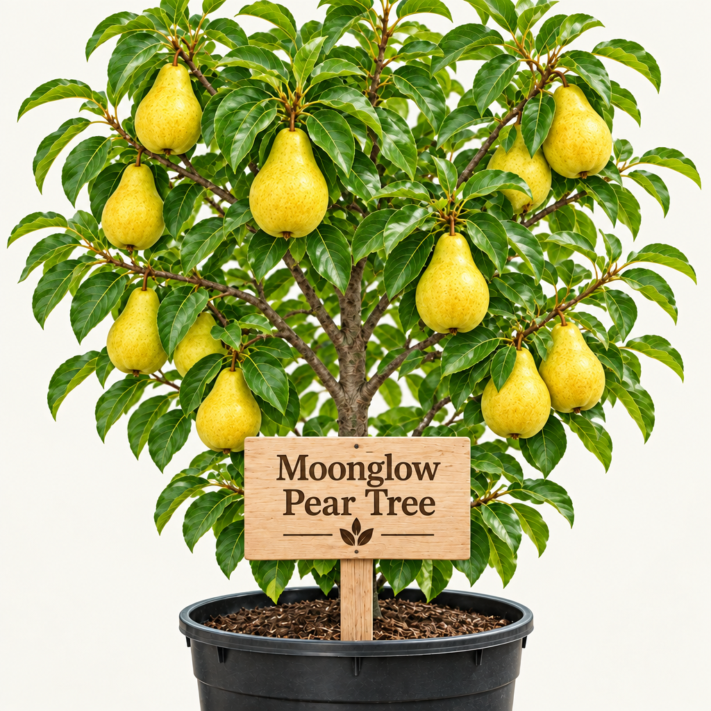 Illustration of golden-yellow Moonglow pears on a potted tree with a wooden Moonglow Pear Tree sign