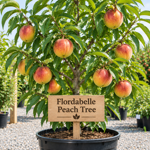 Illustration of Flordabelle peach tree with golden-yellow red-blushed peaches, nursery pot and wooden variety sign