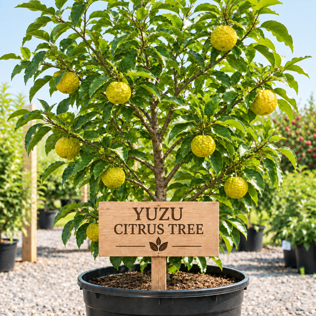 Yuzu Citrus Tree in a nursery pot with a wooden Yuzu Citrus Tree sign