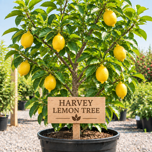 Harvey Lemon Tree in a nursery pot with a wooden Harvey Lemon Tree sign