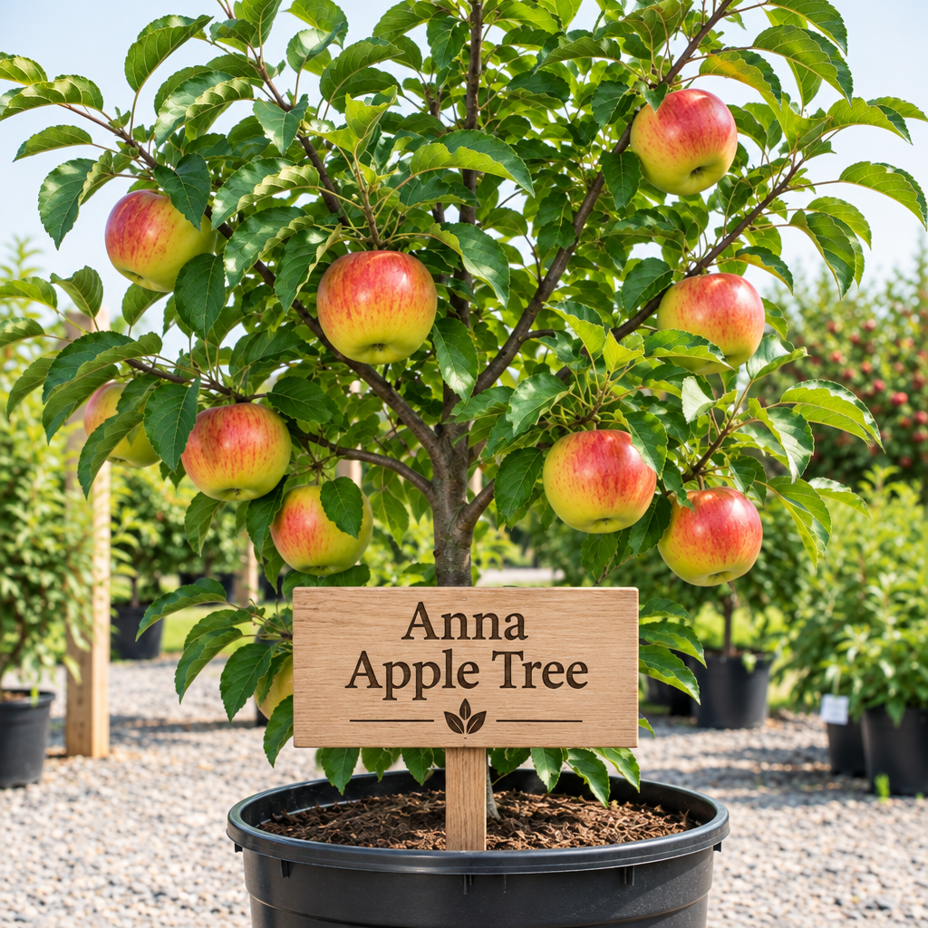 Illustration of red-blushed Anna apples on a potted tree with a wooden Anna Apple Tree sign