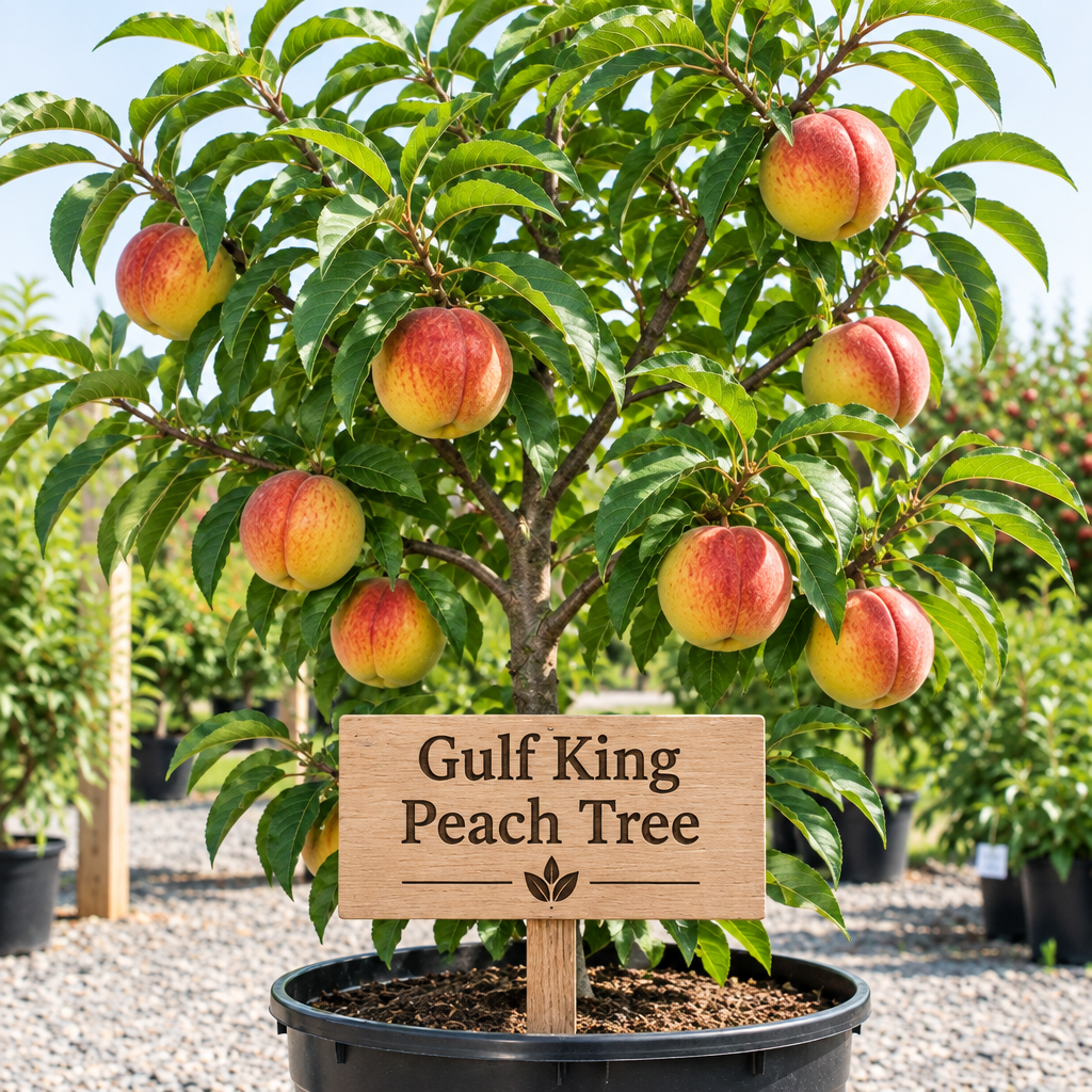 Illustration of a Gulf King peach tree with red-blushed yellow peaches, nursery pot and wooden variety sign