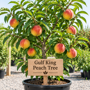 Illustration of a Gulf King peach tree with red-blushed yellow peaches, nursery pot and wooden variety sign