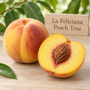 Illustration of whole and cut La Feliciana peach showing yellow flesh and red-blushed skin