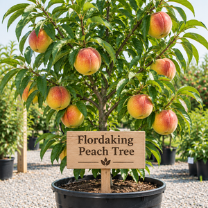Illustration of Flordaking peach tree with red-blushed yellow peaches, nursery pot and wooden variety sign