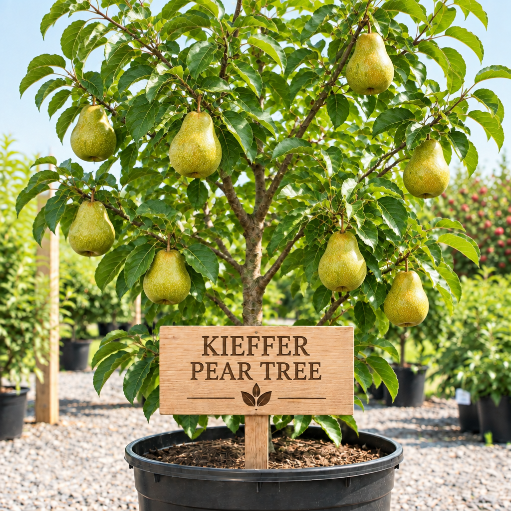 Kieffer Pear Tree in a nursery pot with a wooden Kieffer Pear Tree sign