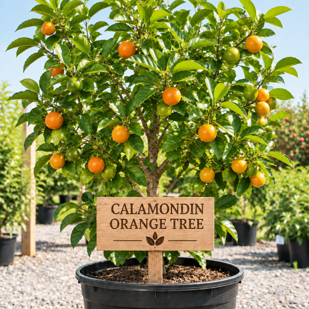 Calamondin Orange Tree in a nursery pot with a wooden Calamondin Orange Tree sign