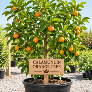 Calamondin Orange Tree in a nursery pot with a wooden Calamondin Orange Tree sign