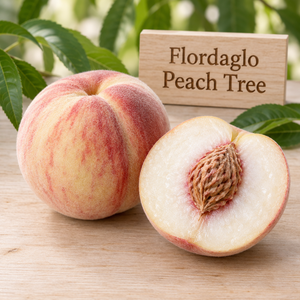 Illustration of whole and cut Flordaglo peach showing white flesh and red-blushed skin