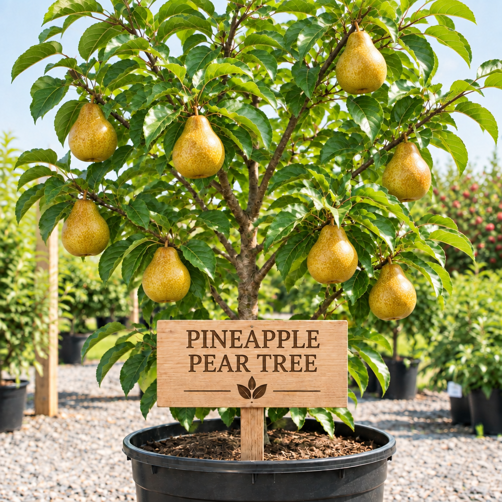Pineapple Pear Tree in a nursery pot with a wooden Pineapple Pear Tree sign