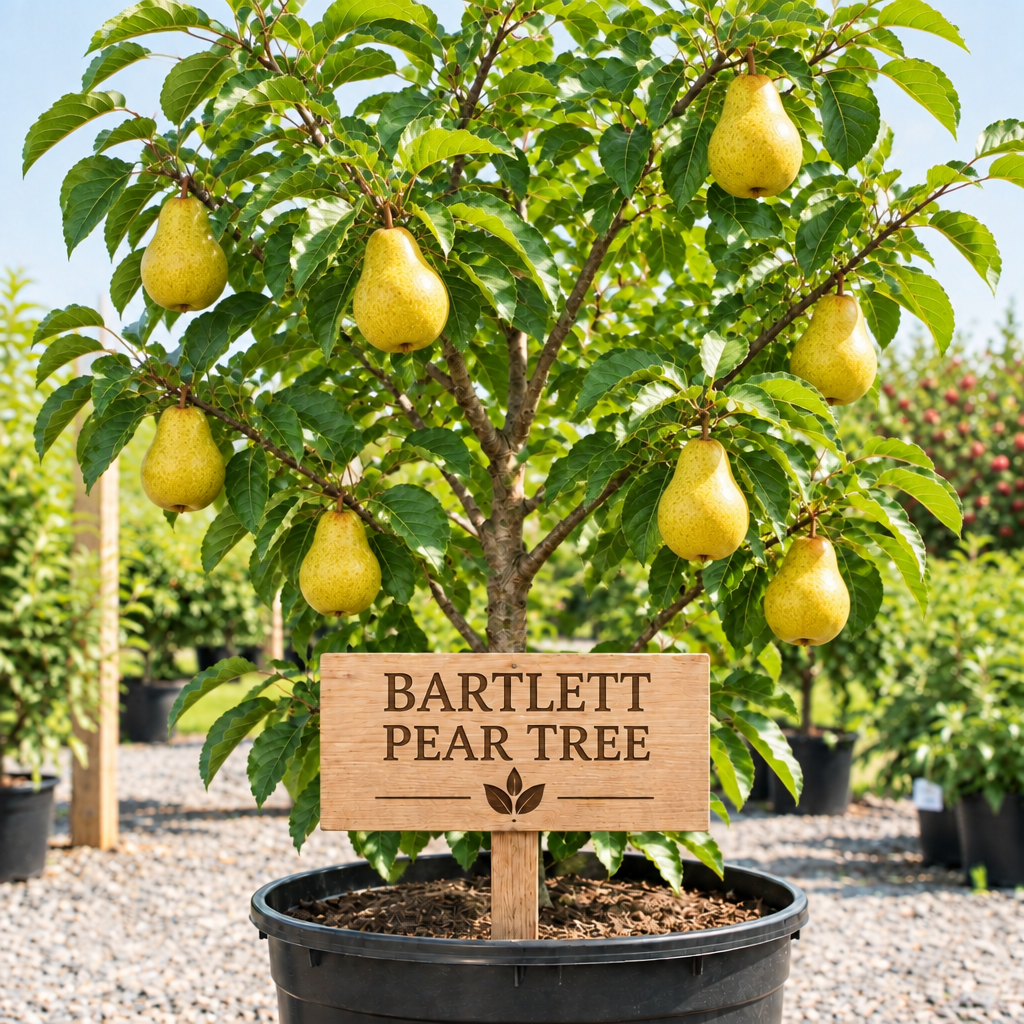 Bartlett Pear Tree in a nursery pot with a wooden Bartlett Pear Tree sign
