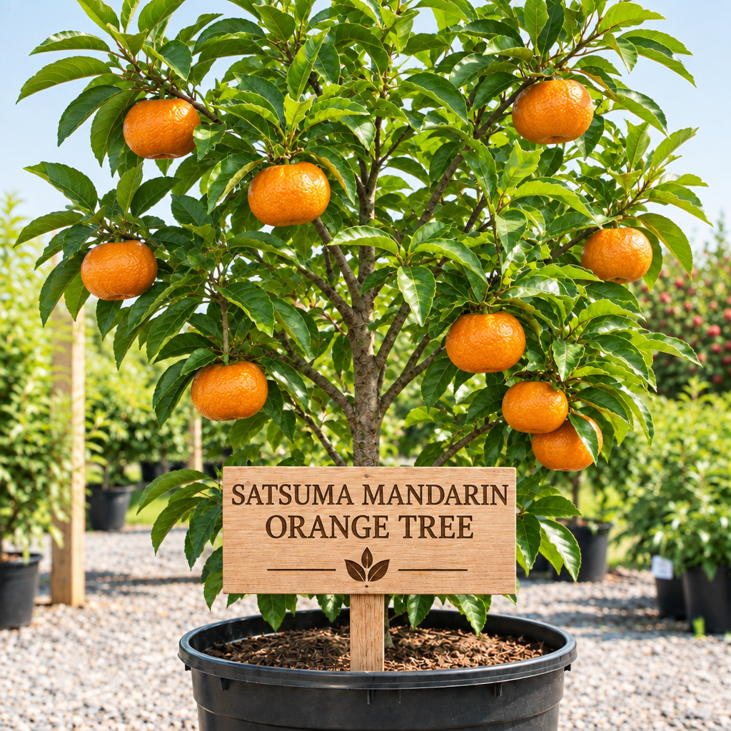 Satsuma Mandarin Orange Tree in a nursery pot with a wooden Satsuma Mandarin Orange Tree sign