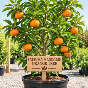 Satsuma Mandarin Orange Tree in a nursery pot with a wooden Satsuma Mandarin Orange Tree sign