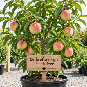 Illustration of Belle of Georgia peach tree with rosy-blushed pale peaches, nursery pot and wooden variety sign
