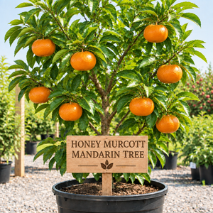 Honey Murcott Mandarin Tree in a nursery pot with a wooden Honey Murcott Mandarin Tree sign