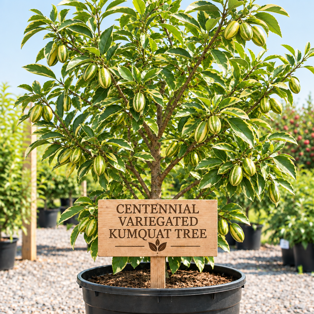 Centennial Variegated Kumquat Tree in a nursery pot with a wooden Centennial Variegated Kumquat Tree sign