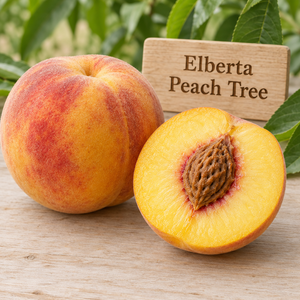 Illustration of whole and cut Elberta peach showing golden-yellow flesh and red-blushed skin