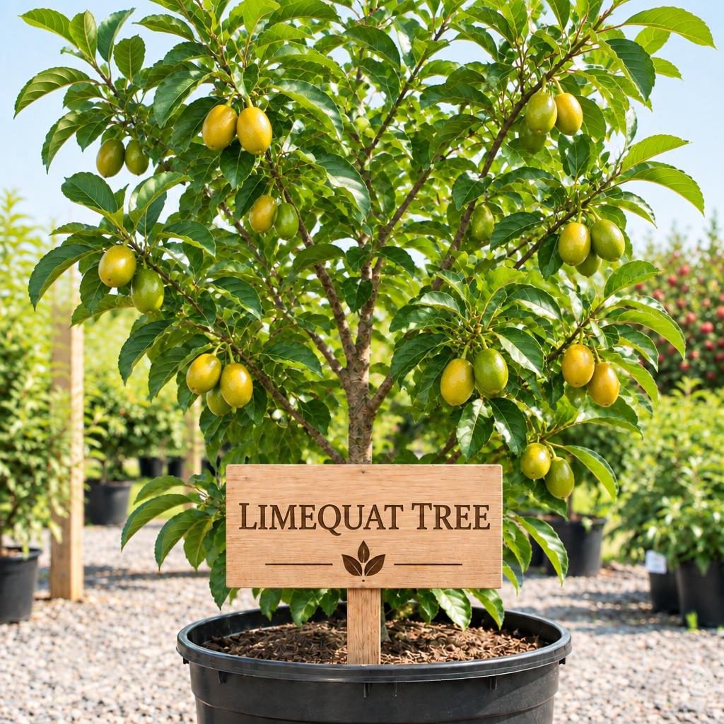 Limequat Tree in a nursery pot with a wooden Limequat Tree sign
