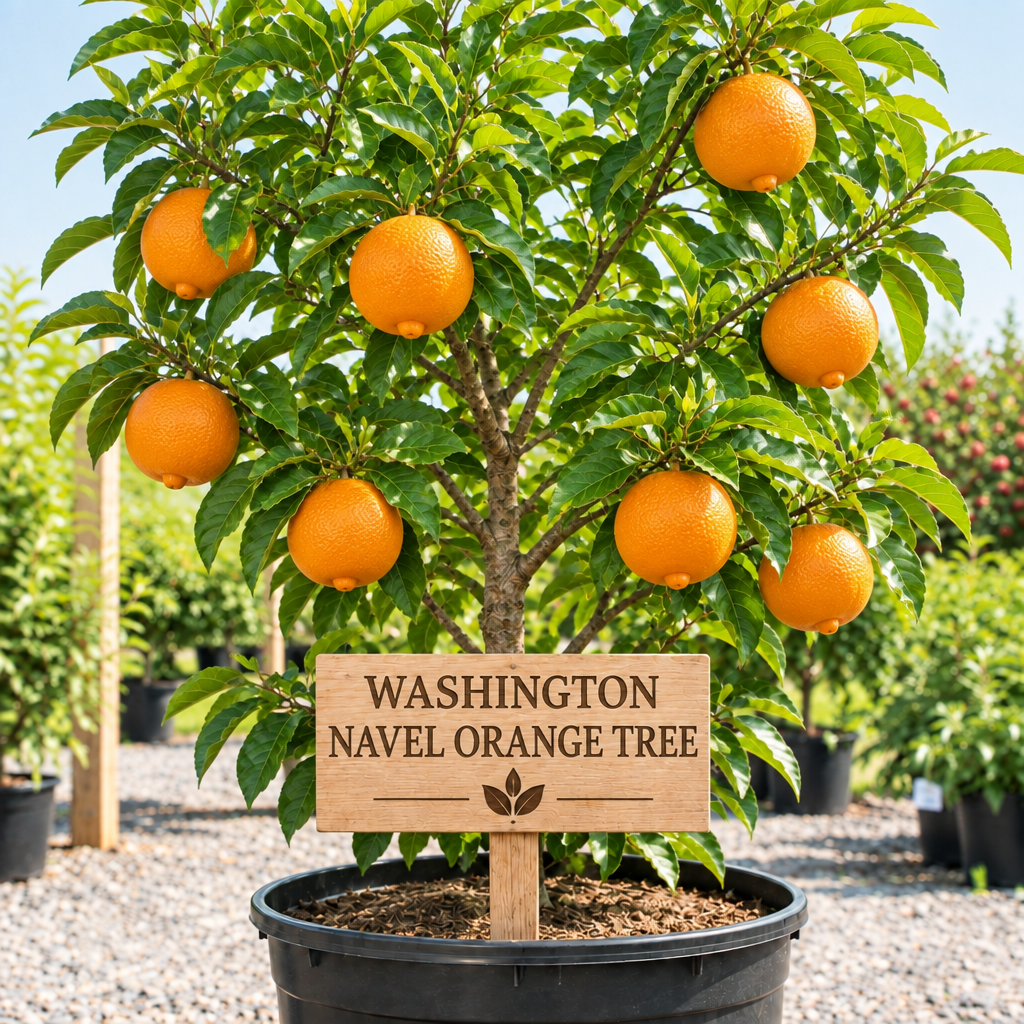 Washington Navel Orange Tree in a nursery pot with a wooden Washington Navel Orange Tree sign