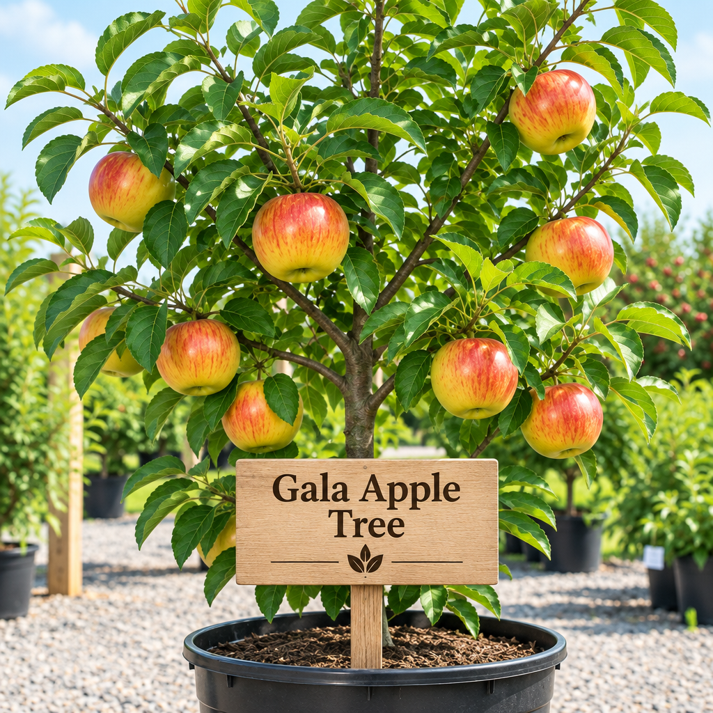 Illustration of red-striped yellow Gala apples on a potted tree with a wooden Gala Apple Tree sign