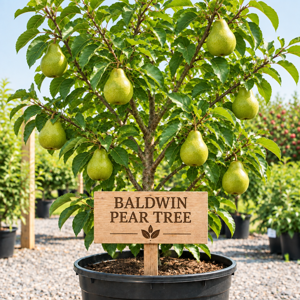 Baldwin Pear Tree in a nursery pot with a wooden Baldwin Pear Tree sign