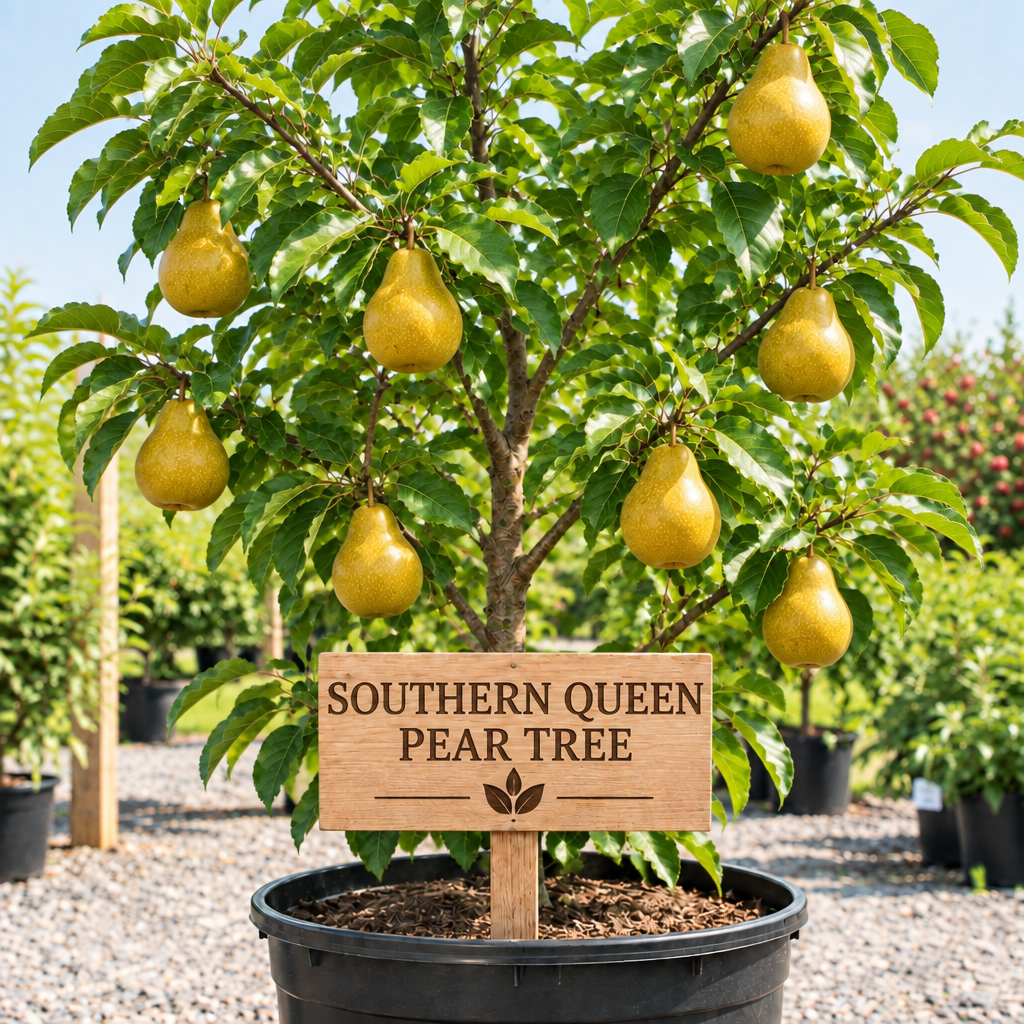 Southern Queen Pear Tree in a nursery pot with a wooden Southern Queen Pear Tree sign