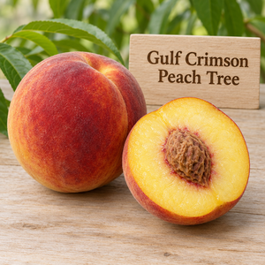 Illustration of whole and cut Gulf Crimson peach showing firm yellow flesh and deep red-blushed skin