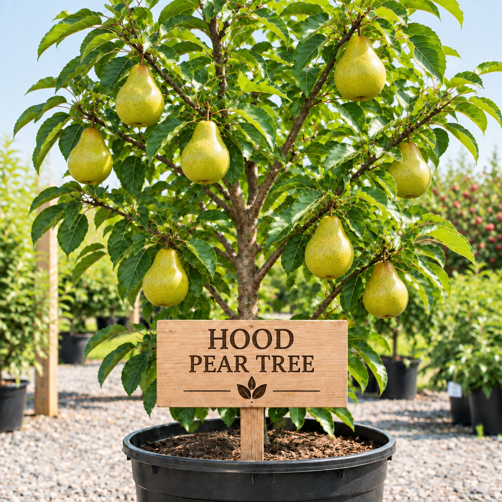 Hood Pear Tree in a nursery pot with a wooden Hood Pear Tree sign