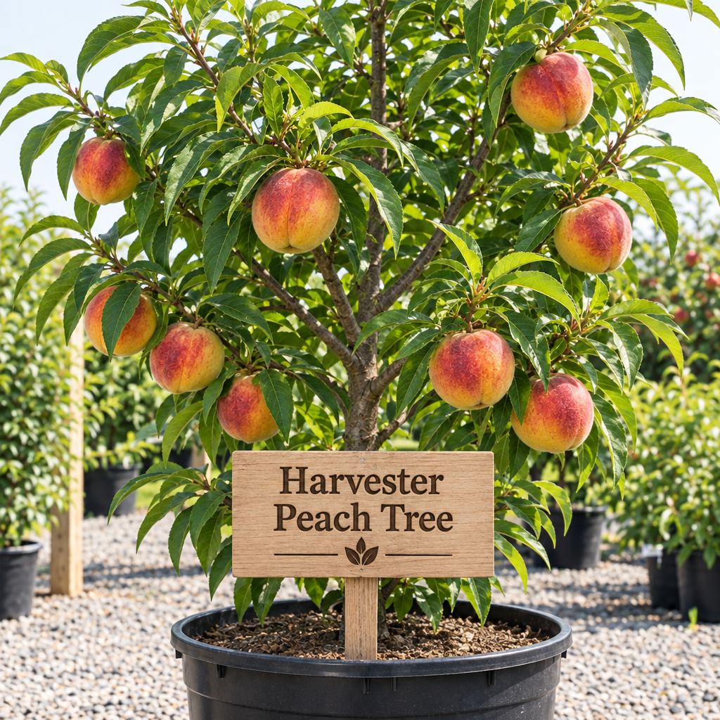 Illustration of Harvester peach tree with red-blushed yellow peaches, nursery pot and wooden variety sign