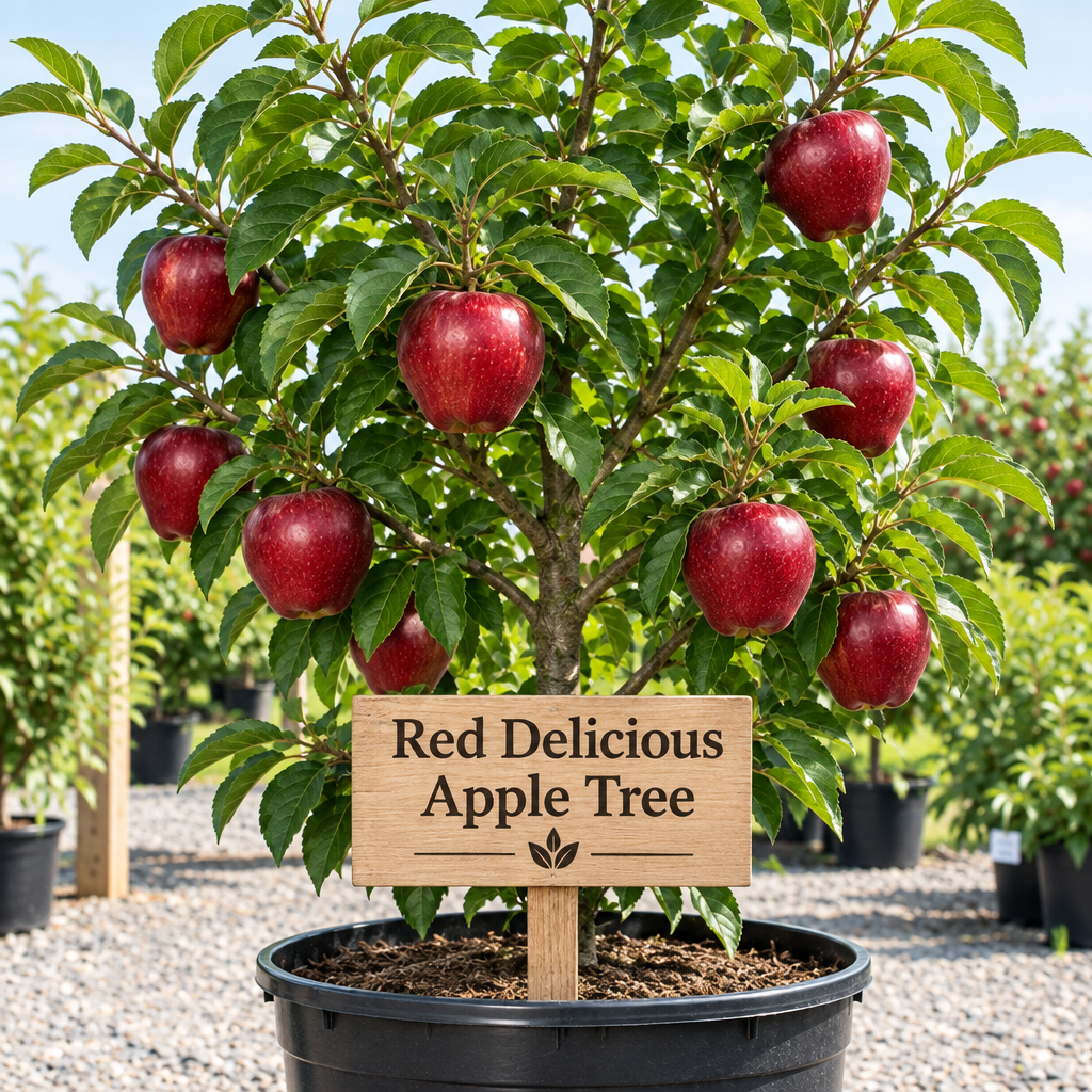 Illustration of deep red Red Delicious apples on a potted tree with a wooden Red Delicious Apple Tree sign
