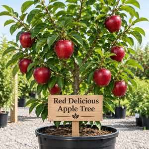 Illustration of deep red Red Delicious apples on a potted tree with a wooden Red Delicious Apple Tree sign