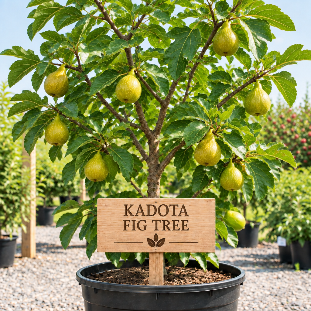 Kadota Fig Tree in a nursery pot with a wooden Kadota Fig Tree sign