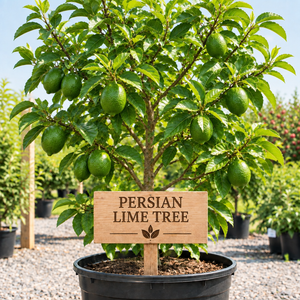 Persian Lime Tree in a nursery pot with a wooden Persian Lime Tree sign