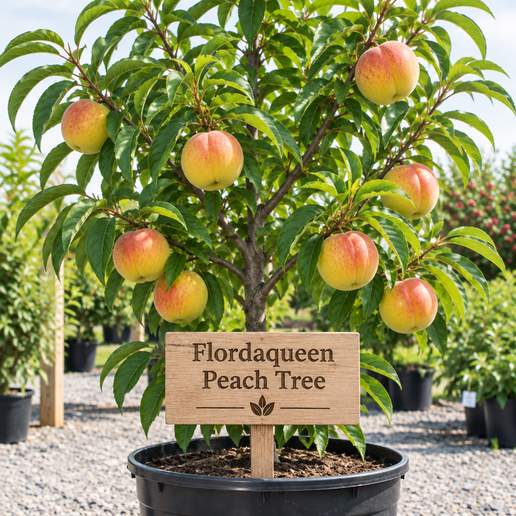 Illustration of Flordaqueen peach tree with golden-yellow peaches and light red blush, nursery pot and wooden variety sign