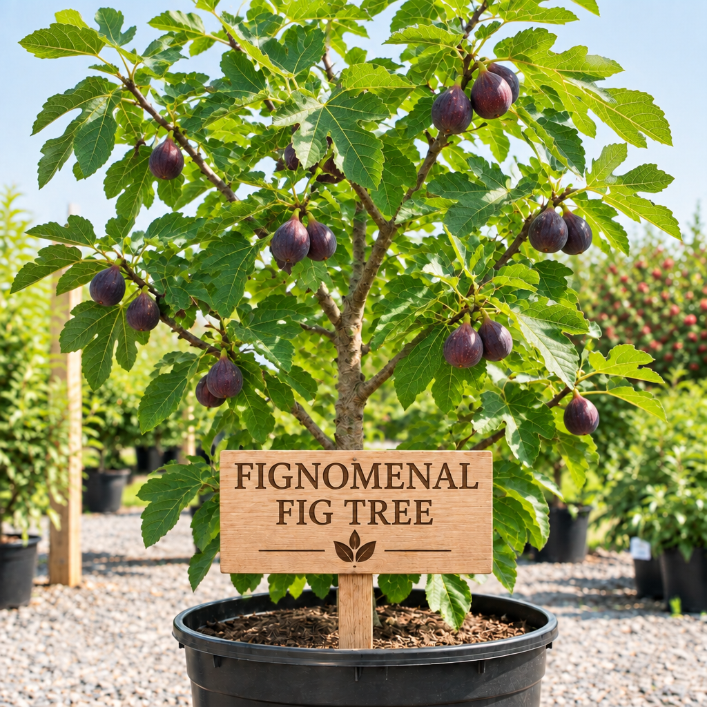 Fignomenal Fig Tree in a nursery pot with a wooden Fignomenal Fig Tree sign