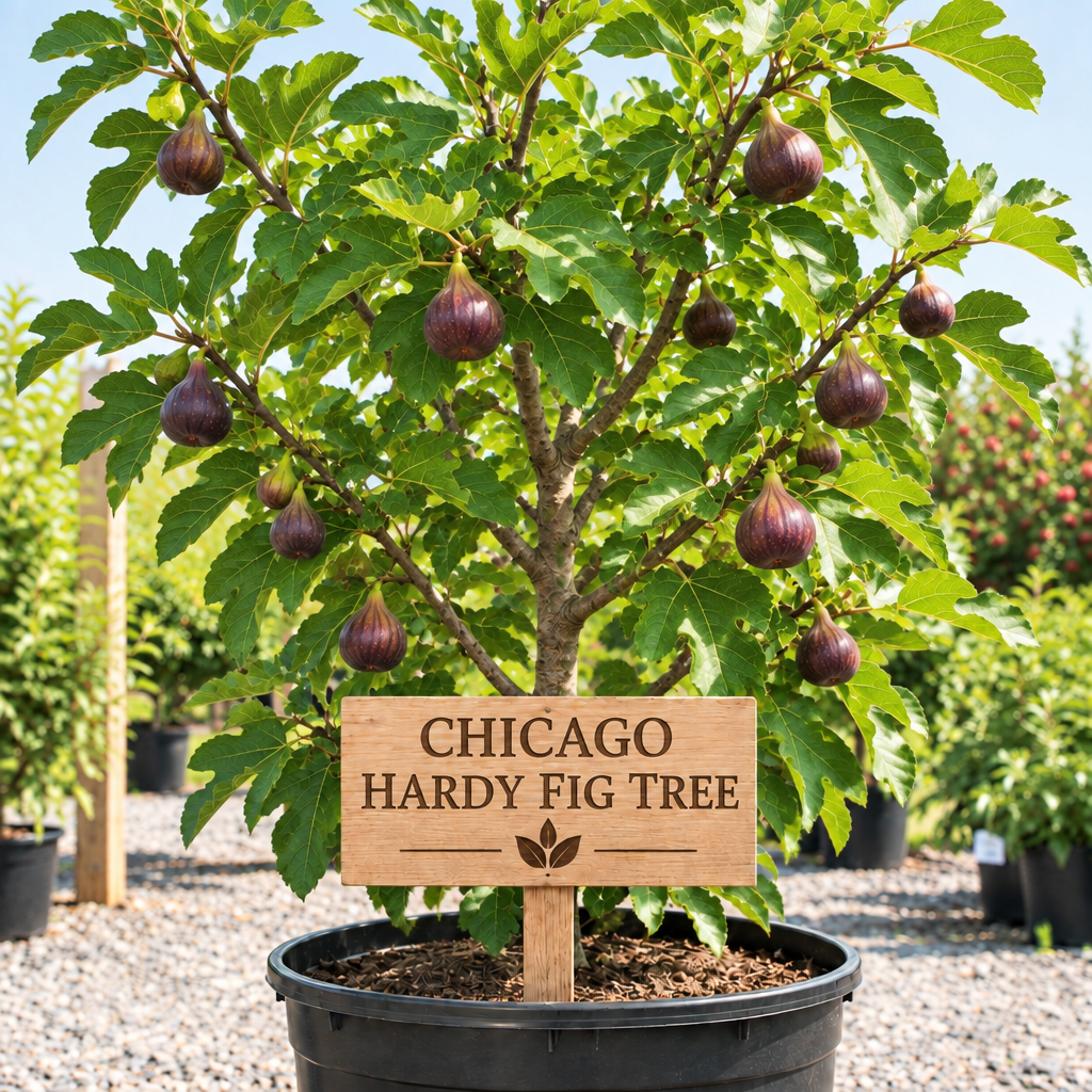 Chicago Hardy Fig Tree in a nursery pot with a wooden Chicago Hardy Fig Tree sign