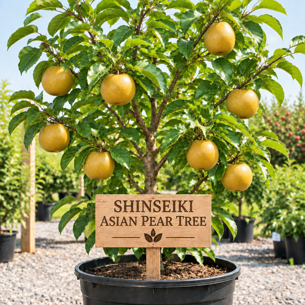 Shinseiki Asian Pear Tree in a nursery pot with a wooden Shinseiki Asian Pear Tree sign