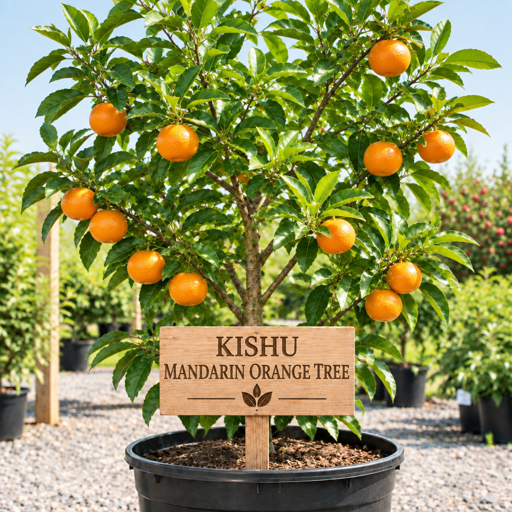 Kishu Mandarin Orange Tree in a nursery pot with a wooden Kishu Mandarin Orange Tree sign