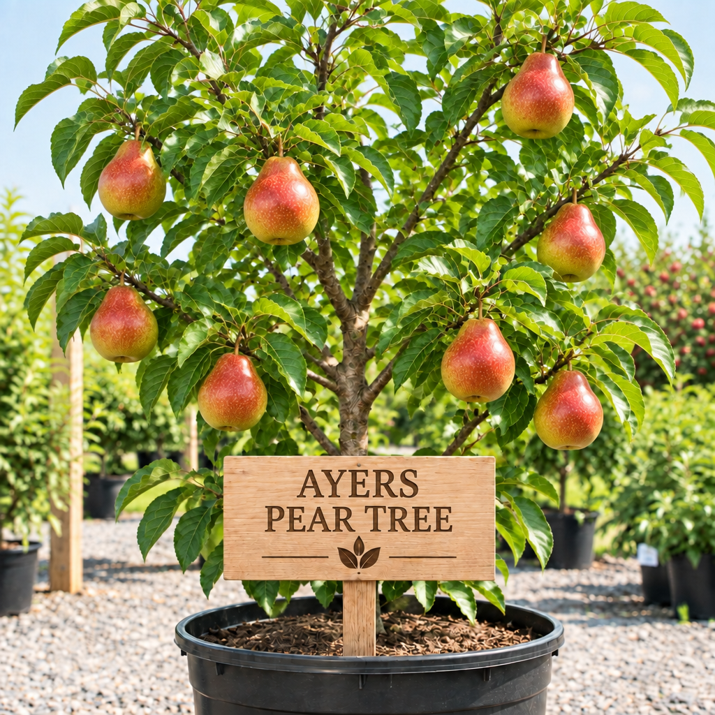 Ayers Pear Tree in a nursery pot with a wooden Ayers Pear Tree sign
