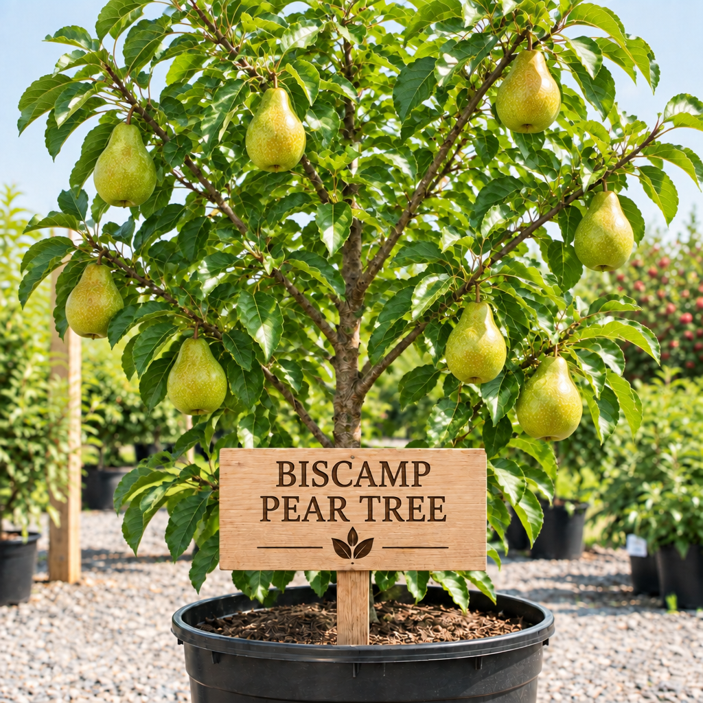 Biscamp Pear Tree in a nursery pot with a wooden Biscamp Pear Tree sign