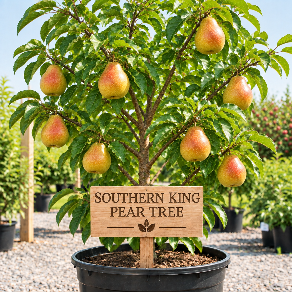 Southern King Pear Tree in a nursery pot with golden pears showing a light red blush and a wooden Southern King Pear Tree sign