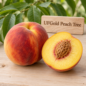 Illustration of whole and cut UFGold peach showing yellow flesh and golden red-blushed skin