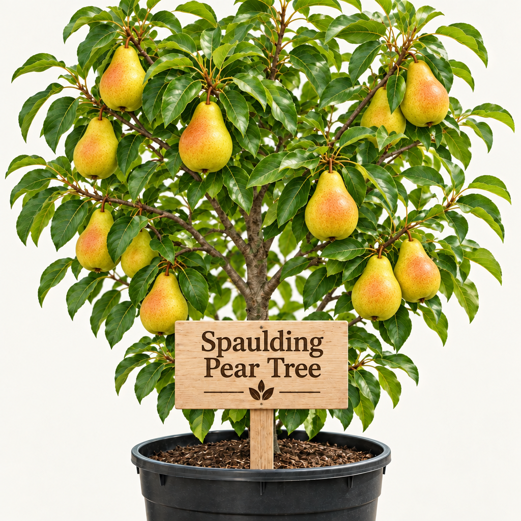 Illustration of golden Spaulding pears with subtle rosy blush on a potted tree with a wooden Spaulding Pear Tree sign