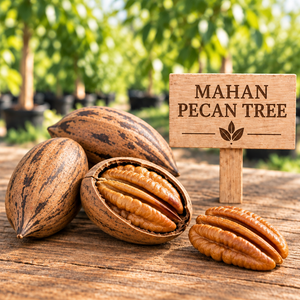 Mahan pecan nut close-up with wooden sign