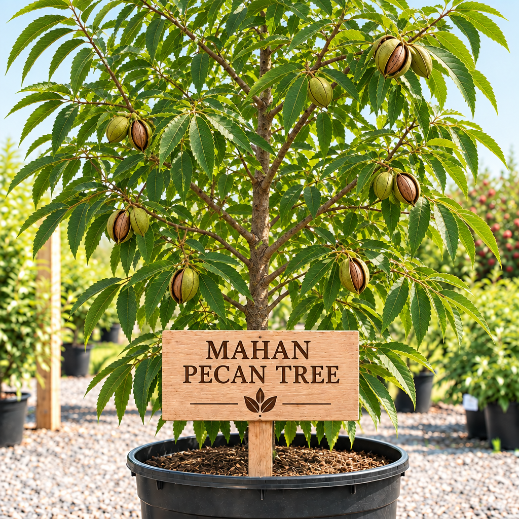 Mahan pecan tree with wooden sign