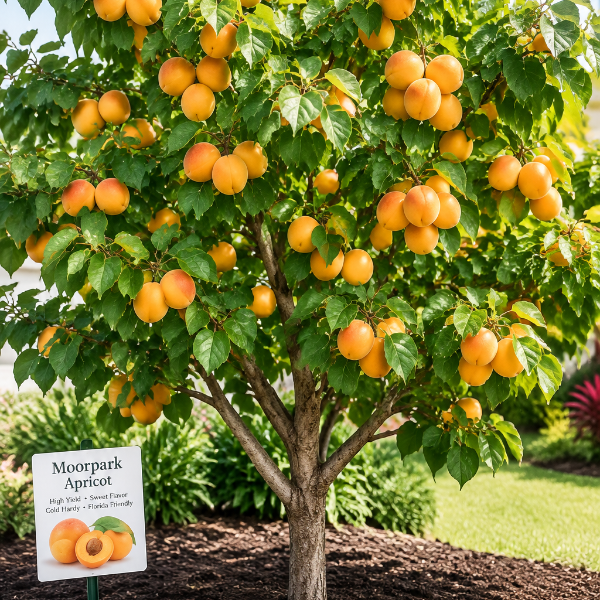 Ripe golden-orange Moorpark apricots growing among green leaves on an apricot tree.