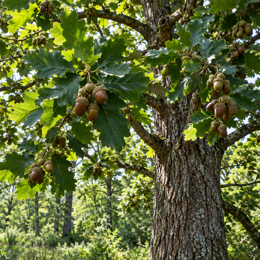Swamp Chestnut Oak tree with leaves and large acorns