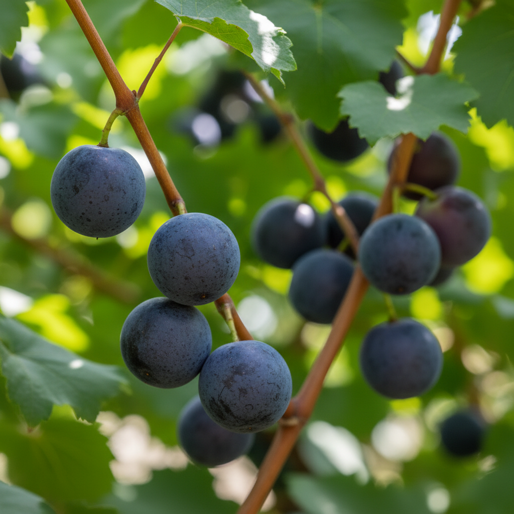 Nesbitt self-fertile muscadine vine producing large dark fruit in North Florida