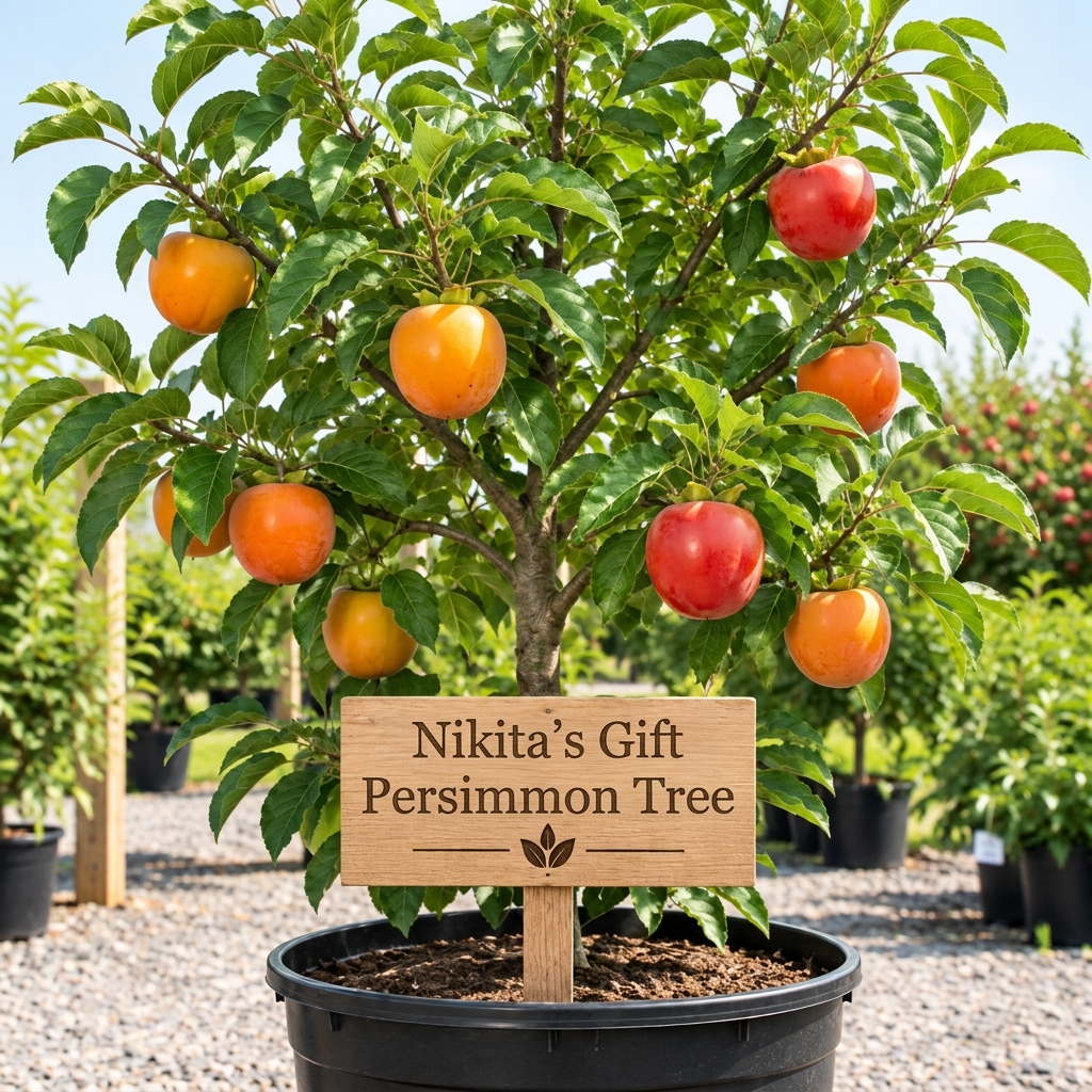 Nikita’s Gift Persimmon Tree with matching wooden nursery sign