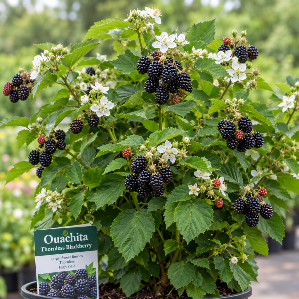 Ripe Ouachita blackberries growing on an upright thornless plant